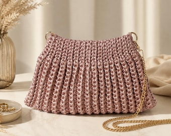 Handgefertigte, zartrosa Clutch mit abnehmbarer Kette, elegante Häkeltasche, festliche Clutch, Hochzeitstasche, Partytasche und Abendtasche