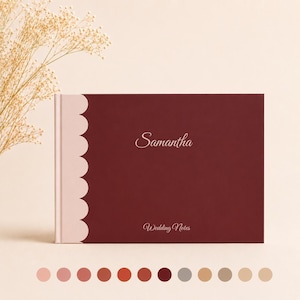 May include: A rectangular burgundy guest book with a light pink scalloped spine. The front cover features the white text Samantha and Wedding Notes. A row of fifteen circular color swatches in various shades is displayed below the book.