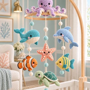 May include: A nursery mobile featuring crocheted sea creatures including a purple octopus, a teal whale, a blue dolphin, a peach starfish, an orange clownfish, a yellow striped fish, and a green sea turtle, all suspended from a wooden frame.