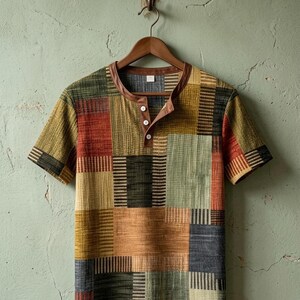 Peut inclure: Un t-shirt henley à manches courtes présentant un motif patchwork multicolore composé de divers blocs rectangulaires dans des tons vert olive, jaune moutarde, orange rouille et gris foncé. Le col est bordé de marron avec trois boutons blancs.