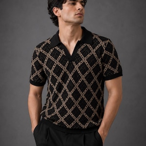 Men's Crochet Polo Pattern PDF, Argyle Short Sleeve Shirt, Diamond Lattice Design