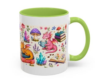 Whimsical Dragon Bookish Mug | Mushrooms, Crystals, Fantasy Reader Gift (11, 15oz)