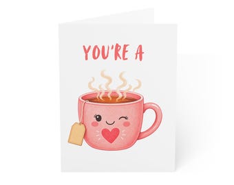 Kawaii Tea Cup Greeting Card | Blushing Heart, Watercolor Style