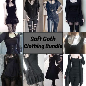 May include: A collection of black clothing items including dresses, skirts, tops, cardigans, and pants, featuring lace details, corset-style bodices, and layered fabrics. The central text reads Soft Goth Clothing Bundle in black sans-serif font.