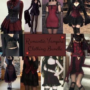 May include: A collection of dark-toned clothing featuring black and red corsets, lace-trimmed skirts, long-sleeved tops, and dresses with gothic-inspired details. The central text reads Romantic Vampire Clothing Bundle with small red heart icons.