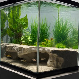 Puede incluir: Un acuario de cristal con una formaci&oacute;n rocosa de color claro y textura rugosa que crea una estructura tipo cueva sobre un sustrato arenoso. Varios peces peque&ntilde;os y delgados nadan bajo la repisa rocosa, con plantas acu&aacute;ticas al fondo.