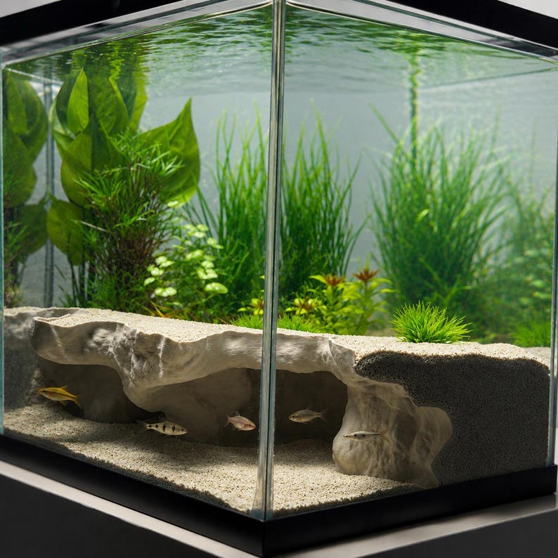 Puede incluir: Un acuario de cristal con una formaci&oacute;n rocosa de color claro y textura rugosa que crea una estructura tipo cueva sobre un sustrato arenoso. Varios peces peque&ntilde;os y delgados nadan bajo la repisa rocosa, con plantas acu&aacute;ticas al fondo.