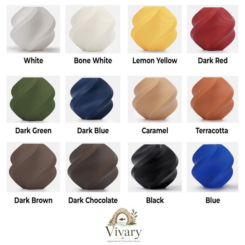 Puede incluir: Una colecci&oacute;n de doce piezas decorativas para acuarios y terrarios con forma de espiral en varios colores, incluyendo blanco, blanco hueso, amarillo lim&oacute;n, rojo oscuro, verde oscuro, azul oscuro, caramelo, terracota, marr&oacute;n oscuro, chocolate, negro y azul.