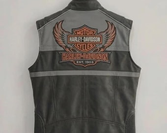 Harley-Davidson Genuine Leather Motorcycle Vest Embroidered Wing Logo Biker Riding Gear