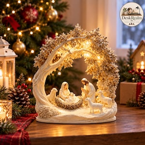 May include: A nativity scene figurine featuring a central arch shaped like a tree with integrated warm white lights. The sculpture depicts a figure holding an infant in a nest, another figure kneeling, and three sheep standing on a textured base.