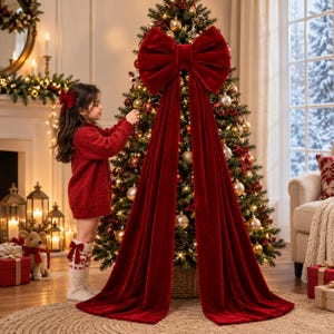 May include: A large, deep red velvet bow with two long, flowing fabric tails draped down the front of a decorated Christmas tree. The bow features a soft, plush texture and is positioned as a prominent decorative accent on the evergreen tree.