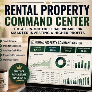May include: A laptop displaying a Rental Property Command Center Excel dashboard with financial charts, tables, and data. A white mug labeled Cash Flow Is King sits nearby. The screen shows income, expenses, and property performance metrics.