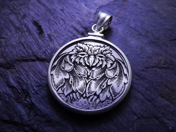 Sleepy Owl Love Token on Silver Coin Hand Engrave Quarter Sized Coin