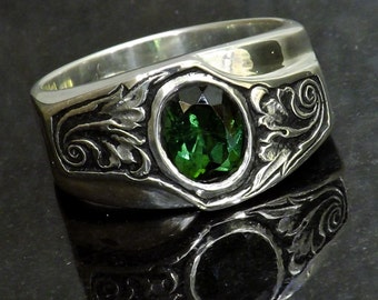 Silver Engraved Ring Green Tourmaline Sterling Silver Statement Ring