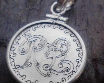 Double Ornamental Initial Personalized Monogram Newly Hand Engraved Love Token on Silver coin