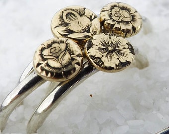 Gold and Silver Flower Stacking Ring Sterling Silver Ring Hand Engraved Flower Ring