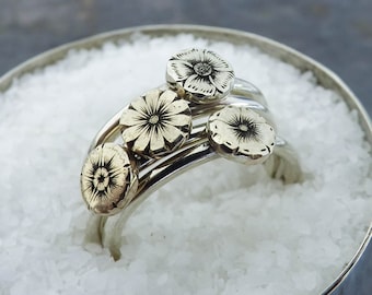 Simple Flower Stacking Ring Sterling Silver Ring Hand Engraved Flower Ring