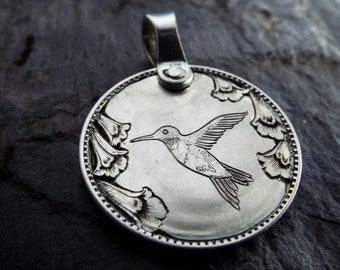 Humming Bird Love Token on Silver Coin Hand Engraved Humming Bird Quarter Sized Coin