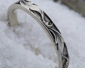 Silver Hand Engraved Custom Leaves on Sterling Silver Ring