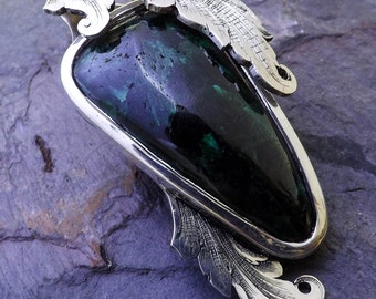 Chatoyant Malachite in Fine Silver Bezel, and Hand Engraved Sterling Silver Leaves