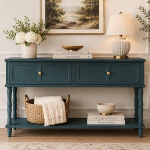 May include: A dark teal console table with two drawers featuring gold knobs and a lower shelf. The top holds a potted plant, a wooden bowl, and two books titled Live Beautifully and This Is Home. The shelf holds a woven basket with a white throw.