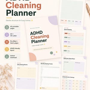 ADHD Cleaning Planner Bundle Printable, Canva Editable, Cleaning Schedule Checklist, Declutter Challenge, Chore Chart, A4 & US Letter