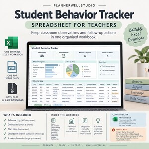 Student Behavior Tracker Spreadsheet for Teachers, Classroom Observation Log, Follow Up Dashboard, Editable Excel Template