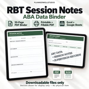 RBT Session Notes & ABA Data Binder, Printable + Fillable PDF, Excel Supervision Tracker