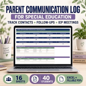 Parent Communication Log for Special Education, IEP Meeting Notes, Follow Up Tracker, Teacher Dashboard Excel Template