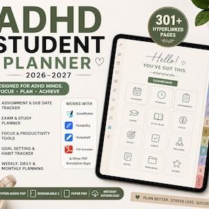 Pode incluir: Um planejador digital para estudantes com TDAH 2026-2027 exibido em uma tela de tablet. A interface apresenta um painel com ícones para calendário, cronograma, tarefas, exames, plano de estudo, foco, metas, hábitos, bem-estar e notas.