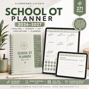 May include: A 2026-2027 School OT Planner with a spiral-bound physical notebook, a tablet displaying a digital planner interface, and a smaller tablet showing an August 2026 calendar. The set features sage green accents and tree icons.