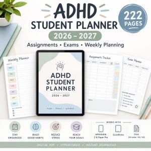 ADHD Student Planner 2026–2027, Academic Year Digital Plan, ADHD Weekly Daily Planners, Supernote & reMarkable – Reusable Templates (PDF)