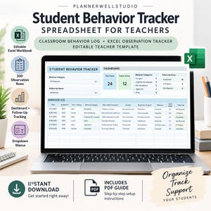 Peut inclure: Un écran d'ordinateur affiche une feuille de calcul de suivi du comportement des élèves pour les enseignants, avec un tableau de bord, des catégories de comportement, un suivi et un journal détaillé. L'interface inclut des menus déroulants.