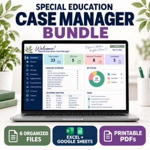 Pode incluir: Uma tela de laptop exibindo um painel de controle para gestores de casos de educação especial com dados sobre alunos, IEPs, reuniões e avaliações, incluindo um menu lateral, visão geral de casos e um gráfico de pizza.