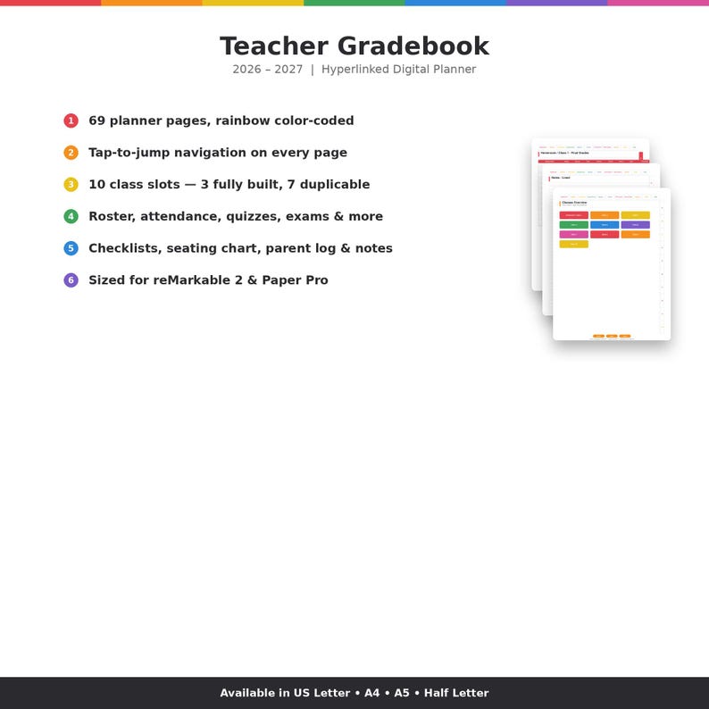 Teacher Grade Book 2026-2027 for Remarkable 2 & Paper Pro | Hyperlinked ...