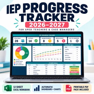 Op de afbeelding: Een laptopscherm met een IEP Progress Tracker 2026-2027 voor speciaal onderwijs docenten. Het dashboard bevat een cirkeldiagram, een lijngrafiek van de voortgang, een tabel met doelen per gebied en een overzicht van de status van leerlingen.