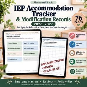 IEP Accommodation Tracker 2026–2027, Modification Records, Fillable PDF & Excel Workbook
