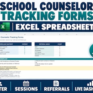 Op de afbeelding: School Counselor Tracking Forms Excel-spreadsheet met een dashboard inclusief tabellen voor werkbelasting en verwijzingswachtrijen. De interface bevat zes tabbladen voor het beheren van leerlinggegevens en het bijhouden van sessies.