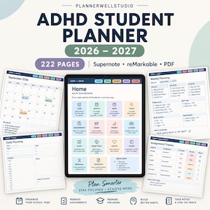 Planificador para estudiantes con TDAH 2026-2027, Planificador digital del año académico, Planificadores semanales y diarios para TDAH, Supernote y reMarkable: plantillas reutilizables (PDF)