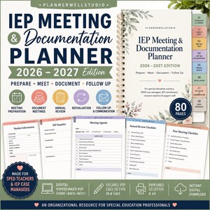 Peut inclure: Un planificateur de réunions et de documentation IEP 2026-2027 de 80 pages, avec une couverture à spirales ornée de motifs floraux, huit onglets de couleur et divers modèles internes pour les informations, agendas et listes de contrôle.