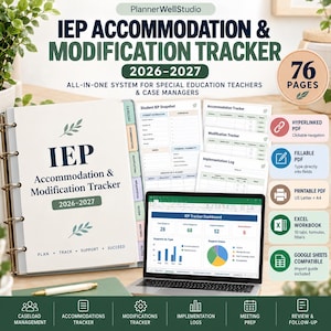 May include: A 2026-2027 IEP Accommodation and Modification Tracker digital planner and Excel workbook. The set includes a 76-page binder with tabbed sections, student snapshot forms, tracking logs, and a dashboard for special education management.