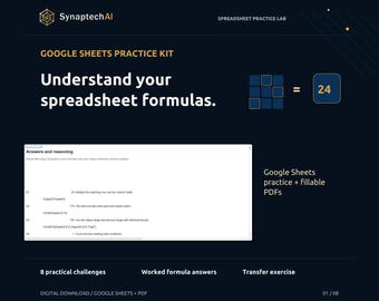 Google Sheets Beginner Practice Workbook with Eight Formula Challenges and Answer Guide