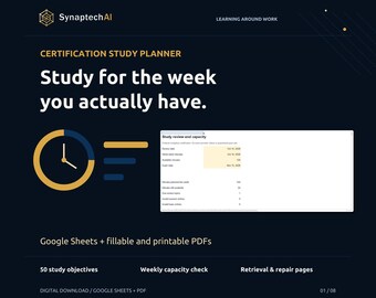 Study Planner for Working Adults with Google Sheets Capacity Tracker and Retrieval Worksheets