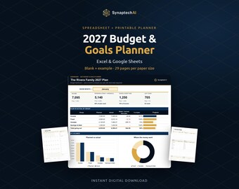 May include: A 2027 budget and goals planner digital product featuring a central dashboard for Excel and Google Sheets. The display shows financial data, including income, expenses, and savings, with bar charts and a donut chart. Two printable pages flank the main interface.