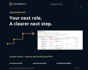 May include: A dark blue digital job search kit featuring the SynaptechAI logo, the text 'Your next role. A clearer next step.', a yellow step-by-step arrow graphic, a spreadsheet preview, and labels for Google Sheets, PDFs, and printables.