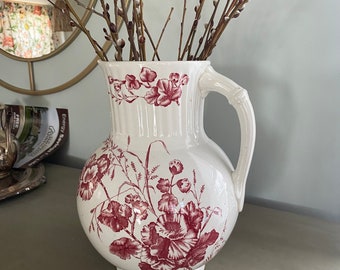 vintage English transferware pitcher,large crimson distressed transferware pitcher,French country vase.cottagecore decor