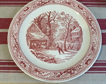 Vintage red and white transfer ware chop plate,old fashioned kitchen dish, grandmas dishes, vintage Memory Lane ironstone round platter