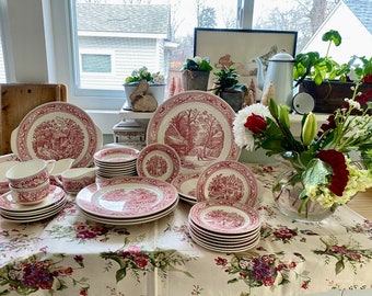 Vintage Memory lane reddish/pinkish transfer ware ironstone dishes, Pink cups and saucers Farmhouse Cottagecore, 1950s-60s vintage kitchen