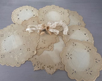 Antique distressed French linens,tea colored cotton embroidered coasters