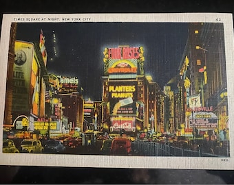 vintage 1940s time square at night by the Alfred Mainzer Co.NYC.vibrant colorful NYC souvenir postcard from Poppy’s honeymoon